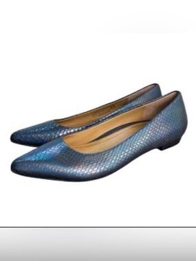 No further price drops planned,  Iridescent Blue Snake-Print Pointed Toe Flats